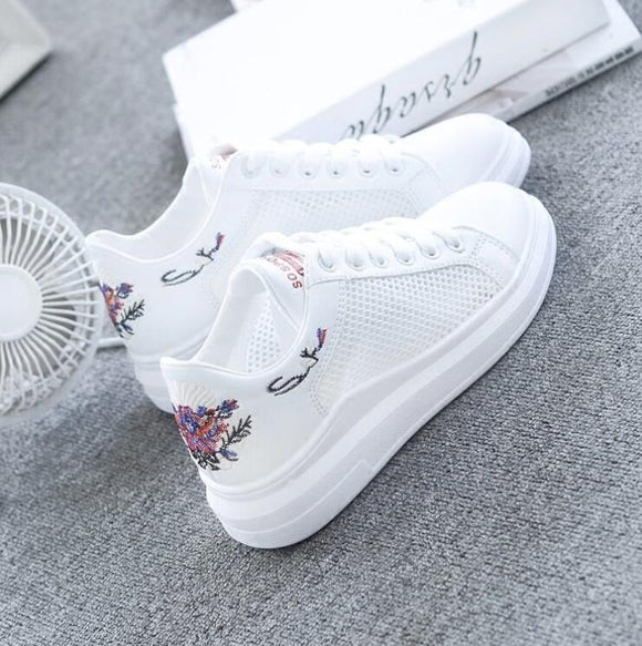 Women's Shoes - Embroidered Breathable Hollow Lace-Up Women's Sneakers