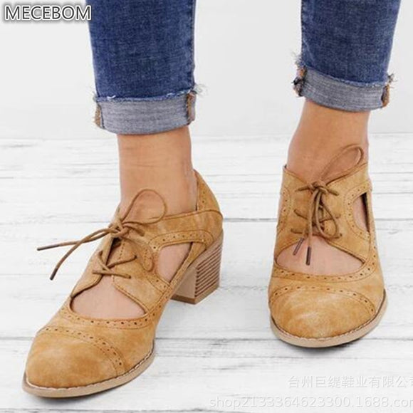 2019 New Spring Women Brogue Casual Flock Bottom Lace Up Shoes