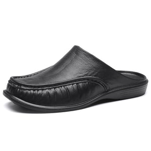 Men Pure Color PU Leather Backless Slippers Casual Shoes
