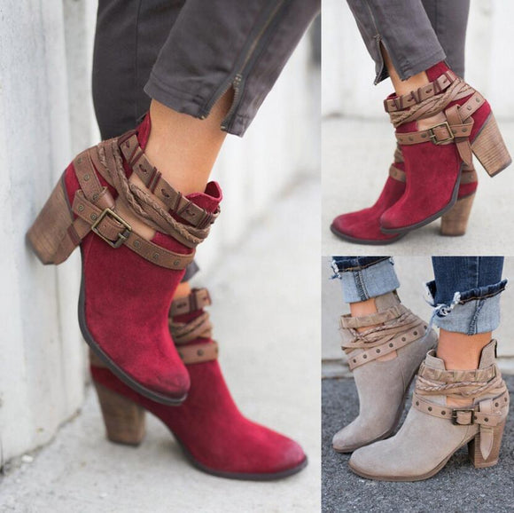 Women's Shoes - Flocking Casual Adjustable Buckle Ankle Boots